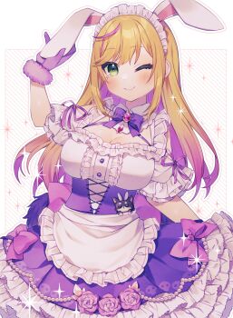 Rule 34 | 1girl, animal ears, apron, arm up, back bow, beads, blonde hair, bow, bowtie, breasts, buttons, center frills, character request, cleavage, closed mouth, collar, commission, copyright request, dress, dress bow, eyelashes, flower, frilled apron, frilled dress, frilled sleeves, frills, fur wrist cuffs, gloves, gradient hair, green eyes, hanasaki ayame (artist), hand on own ear, jewelry, large breasts, light blush, long hair, looking at viewer, maid, maid headdress, multicolored hair, one eye closed, pink bow, pink hair, pink streaks, purple bow, purple bowtie, purple dress, purple flower, purple gloves, purple ribbon, purple rose, purple wrist cuffs, rabbit ears, ribbon, rose, short sleeves, sidelocks, skeb commission, smile, solo, sparkle, straight hair, streaked hair, swept bangs, virtual youtuber, white collar, white dress, white headdress, wrist cuffs