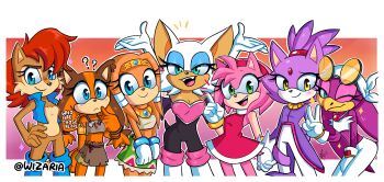 6+girls absurdres amy_rose blaze_the_cat blue_eyes blush boots border dress english_text eyewear_on_head furry furry_female gloves green_eyes highres jacket jewelry looking_at_viewer multiple_girls necklace open_mouth rouge_the_bat sally_acorn sonic_(series) sonic_boom_(series) sonic_riders sonic_riders_(series) sonic_the_hedgehog_(archie_comics) sticks_the_badger sunglasses teeth tikal_the_echidna upper_teeth_only wave_the_swallow white_border white_gloves wizaria yellow_eyes