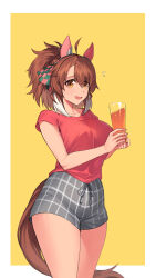 Rule 34 | 1girl, absurdres, ahoge, animal ears, border, breasts, brown eyes, brown hair, commentary, cup, dantsu flame (umamusume), ear covers, from side, fukuro (maruaru00), grey shorts, highres, holding, holding cup, horse ears, horse girl, horse tail, large breasts, looking at viewer, multicolored hair, pink shirt, plaid, plaid shorts, shirt, short sleeves, shorts, sideways glance, simple background, solo, t-shirt, tail, two-tone hair, umamusume, white border, white hair, yellow background