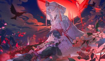 1boy 1girl armor artist_request bird black_bodysuit black_hair black_kimono black_shorts black_sleeves blood blood_from_forehead blood_in_hair blood_on_clothes blue_eyes blunt_ends bodysuit chihaya_(clothing) chinese_knot cloud cloudy_sky commission commissioner_insert couple crow curtained_hair eyeball flower frilled_sleeves frills furisode gem genshin_impact gold hair_intakes hand_on_another's_head hand_on_own_stomach hat_tassel hayami_momo_(hayamimomo) hetero highres holding holding_eyeball hood hood_up japanese_armor japanese_clothes jewelry juban kimono kote kurokote lap_pillow layered_kimono layered_sleeves long_hair looking_at_viewer looking_to_the_side lying mandarin_collar mitsudomoe_(shape) mole mole_under_eye moon neck_ring night o-ring oc_x_canon on_back one_eye_closed original parted_bangs parted_lips purple_rope purple_sash red_flower red_gemstone red_kimono red_moon red_sash rope sash scaramouche_(genshin_impact) second-party_source seiza shimenawa shorts sitting sky tassel tomoe_(symbol) tsurime wataboushi white_flower white_hair white_hood white_kimono white_rope white_sleeves wide_sleeves