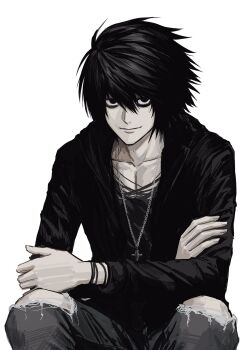 1boy alternate_costume bags_under_eyes black_eyes black_hair cross cross_necklace crossed_arms death_note hair_between_eyes highres jewelry l_(death_note) long_sleeves looking_at_viewer male_focus necklace pants short_hair simple_background sitting smile solo sso_s torn_clothes torn_pants white_background