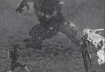 1boy 1girl animal arm_up armor black_tunic bodysuit breastplate breath commentary english_commentary fighting_stance from_behind full_body greyscale holding holding_sword holding_weapon incoming_attack long_hair monochrome nephis_(shadow_slave) open_mouth outdoors rain sh1fted_1 shadow_slave shoulder_armor storm sunny_(shadow_slave) sword tunic weapon werewolf white_hair