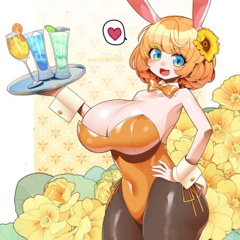 1girl :3 bare_shoulders blue_eyes bow bowtie breasts brown_pantyhose cleavage collar covered_navel cowboy_shot curly_hair detached_collar drink floral_background flower food fruit green_eyes hair_flower hair_ornament hand_on_own_hip hand_up heart highres holding holding_tray huge_breasts ice ice_cube lemon lemon_slice leotard looking_at_viewer multicolored_eyes open_mouth orange_bow orange_bowtie orange_hair orange_leotard original pantyhose playboy_bunny rabbit_ears rabbit_girl rabbit_tail short_hair side-tie_leotard smile solo spoken_heart strapless strapless_leotard sunflower swept_bangs tray umigarasu_(kitsune1963) white_collar white_wrist_cuffs wrist_cuffs yellow_flower
