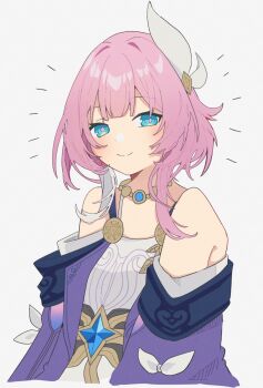 1girl bare_shoulders blue_eyes breasts coat commentary cyrene_(aedes_elysiae)_(honkai:_star_rail) cyrene_(honkai:_star_rail) dress hair_ornament highres honkai:_star_rail honkai_(series) jewelry looking_at_viewer multicolored_hair necklace pink_hair purple_coat riu_twilight25 simple_background small_breasts smile solo symbol-only_commentary two-tone_hair white_background white_dress white_hair