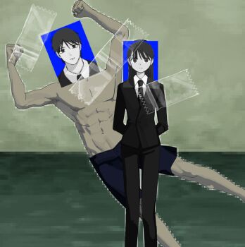 1boy 1girl abs beam_(chainsaw_man) black_eyes black_hair black_necktie black_pants chainsaw_man collared_shirt commentary_request fanfiction_available highres i_need_you male_swimwear navel necktie oc_x_canon original pants partial_commentary photo_(object) pixelated_background shirt swim_trunks tape