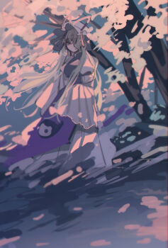 1girl blonde_hair commentary_request dress full_body hat highres long_hair long_sleeves looking_at_viewer mob_cap no_mouth one_eye_covered purple_eyes purple_tabard shi_chimi solo tabard touhou tree under_tree very_long_hair white_dress yakumo_yukari