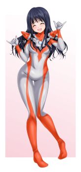 1girl abe_tsukumo animification armor black_bodysuit black_hair blush bodysuit border breasts closed_eyes color_timer commentary commission contrapposto cosplay facing_viewer full_body gradient_background hands_up happy highres knees_together_feet_apart long_hair medium_breasts minato_asahi multicolored_bodysuit no_headwear open_mouth orange_bodysuit outside_border pink_background pinky_out self_cosplay shaka_sign shoulder_armor silver_bodysuit silver_gloves skeb_commission skin_tight smile standing straight_hair teeth tokusatsu ultra_series ultraman_r/b ultrawoman_grigio ultrawoman_grigio_(cosplay) upper_teeth_only white_background white_border