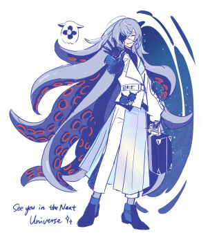 Rule 34 | 1boy, attsei, blue hair, briefcase, closed eyes, coat, commentary request, english text, facing viewer, full body, galaxy, highres, holding, holding briefcase, hoshirube sho, hoshirube sho (1st costume), iridescent, long hair, male focus, multicolored hair, nijisanji, otomo (hoshirube sho), pants, portal (object), purple hair, smile, sparkle, streaked hair, tentacle hair, very long hair, virtual youtuber, waving, white coat, white pants