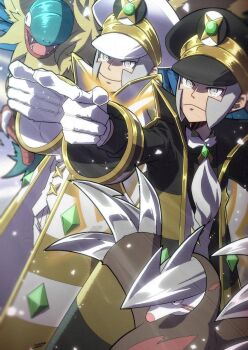 2boys adapted_costume archeops bandana bird black_eyes black_shirt claws collared_shirt diamond_(shape) dinosaur emmet_(pokemon) excadrill fang feathered_dinosaur feathered_wings frown fukurow gen_5_pokemon gloves gold grey_eyes grey_hair grey_vest highres ingo_(pokemon) jewelry male_focus mole_(animal) multiple_boys nintendo pants pokemon pokemon_(creature) pokemon_bw pokemon_masters_ex shirt short_hair sideburns slit_pupils smile tail tongue vest white_gloves white_pants white_shirt white_vest wings