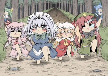 6+girls :< apron ascot bat_wings beret blonde_hair blue_bow blue_dress blue_hair bow braid china_dress chinese_clothes cirno crystal daiyousei detached_wings dress fairy fairy_wings flandre_scarlet green_bow green_hair grey_hair hair_bow hat hat_ornament hat_ribbon hidefu_kitayan highres hong_meiling ice ice_wings izayoi_sakuya knife maid maid_apron maid_headdress mob_cap multicolored_wings multiple_girls outdoors path red_ascot red_hair red_skirt red_vest remilia_scarlet ribbon road short_hair siblings side_ponytail sisters skirt sleeping star_(symbol) star_hat_ornament touhou tree triangle_mouth twin_braids vest waist_apron white_hat wings wrist_cuffs yellow_ascot yellow_bow