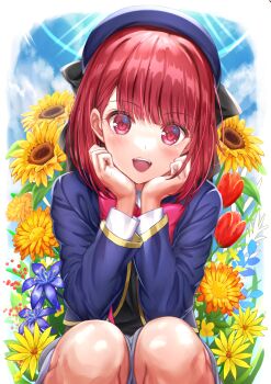 Rule 34 | 1girl, :d, absurdres, arima kana, blue flower, blue hat, blue jacket, commentary, fangs, floral background, flower, happy, hat, hat ribbon, highres, jacket, light blush, looking at viewer, nonoa-cg, open mouth, orange flower, oshi no ko, red eyes, red flower, red hair, red tulip, ribbon, school uniform, short hair, smile, solo, sunflower, tulip, yellow flower, youtou high school uniform
