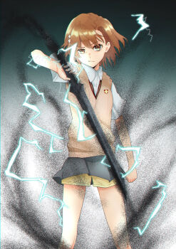 1girl aic_oekaki breasts brown_eyes brown_hair brown_sweater_vest clenched_hand collared_shirt electricity electrokinesis emblem grey_skirt highres holding holding_sword holding_weapon looking_at_viewer magnetism medium_breasts medium_hair metal_sand misaka_mikoto pleated_skirt psychic school_emblem school_uniform shirt short_shorts short_sleeves shorts shorts_under_skirt skirt solo standing summer_uniform sweater_vest sword toaru_kagaku_no_railgun toaru_majutsu_no_index tokiwadai_school_uniform weapon white_shirt yellow_shorts