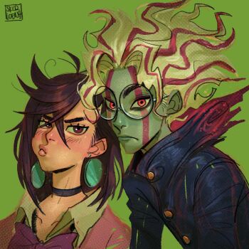 1boy 1girl antenna_hair artist_logo ayase_momo black_choker bow bowtie choker collared_shirt commentary dandadan earrings eyelashes facial_mark gakuran gold_buttons green_background hair_behind_ear hair_between_eyes halftone hashtag-only_commentary jewelry light_blush logo looking_at_viewer medium_hair multicolored_hair parted_hair partially_unbuttoned pink_sweater portrait purple_bow purple_bowtie pursed_lips red_eyes red_streaks round_eyewear school_uniform shirt side_part skcd_loen sketch straight_hair sweater symbol-only_commentary takakura_ken_(dandadan) takakura_ken_(transformed)_(dandadan) two-tone_hair v-shaped_eyebrows wavy_hair white_hair