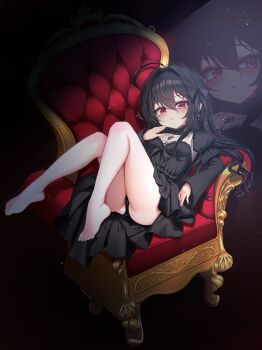 1girl absurdres armchair barefoot black_dress black_hair black_panties blush breasts chair commission dress earrings eyebrows_hidden_by_hair full_body hair_between_eyes hand_on_own_cheek hand_on_own_face highres jewelry kiari_art knees_up large_variant_set long_hair looking_at_viewer multiple_views original panties pantyshot red_eyes simple_background sitting small_breasts toes underwear variant_set