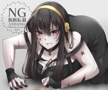 1girl all_fours black_dress blood blood_on_face blood_on_hands breasts cleavage clenched_hand closed_mouth dagger dirty dress flower gold_hairband grey_background hair_between_eyes hair_flower hair_ornament hairband highres injury knife long_dress long_hair looking_at_viewer medium_breasts pale_skin pendant_choker purimell red_eyes sidelocks solo spy_x_family stiletto_(weapon) sweat weapon yor_briar