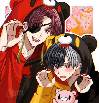 Rule 34 | 2boys, animal costume, animal hood, bear costume, bear hood, black hair, black hood, blush, earrings, eyepatch, grey eyes, grey hair, heterochromia, hood, hood up, hyohls2 (hamao3o), jewelry, long sleeves, male focus, multicolored clothes, multicolored hair, multiple boys, open mouth, red eyes, red hair, red hood, red nails, sakura haruka (wind breaker), simple background, smile, suo hayato, teeth, tongue, two-tone hair, white background, wind breaker (nii satoru), yellow eyes, yellow hood