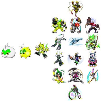 absurdres achillesmon antennae bibimon boutmon bug bulkmon claws climbmon digimon divemon dokimon evolution evolutionary_line exermon highres horns kazuchimon mask namakemon official_art pistmon pulsemon runnermon sharp_teeth shivamon shootmon shroudmon smile teeth tempomon