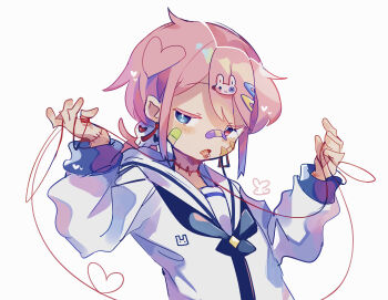 1boy animal_print bandaid bandaid_on_cheek bandaid_on_face bandaid_on_nose blue_eyes blush earrings fang hair_ornament hairclip heart heterochromia highres jewelry long_sleeves looking_at_viewer looking_to_the_side male_focus open_mouth original pill pill_in_mouth pink_hair ponytail rabbit_hair_ornament rabbit_print raito-kun_(uenomigi) red_eyes red_string sailor_collar shirt short_hair short_ponytail simple_background skin_fang skull skull_hair_ornament solo stitched_hand stitched_neck stitched_wrist stitches string striped_collar tongue tongue_out trap uenomigi upper_body white_background white_shirt