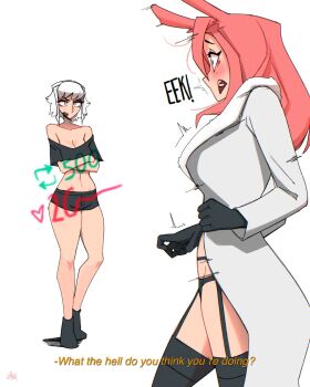 2girls animal_ears black_gloves black_shirt black_shoes black_shorts black_thighhighs blush breasts cleavage coat cropped_shirt crossed_arms english_text garter_straps gloves grawlix_(shibansfw) grey_eyes highres large_breasts long_hair long_sleeves looking_at_another multiple_girls open_mouth original pink_hair rabbit_ears rabbit_girl serious shibansfw shirt shoes short_hair short_sleeves shorts simple_background surprised talking thighhighs twitter_strip_game white_background white_coat white_hair