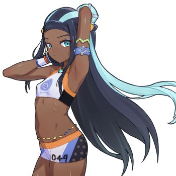 1girl absurdres aqua_eyes arm_behind_head armlet belly_chain bike_shorts blue_eyeshadow closed_mouth commentary_request cowboy_shot dark-skinned_female dark_skin dynamax_band eyelashes eyeshadow flat_chest gloves hair_bun highres jewelry korean_commentary long_hair looking_at_viewer makeup multicolored_hair navel nessa_(pokemon) nintendo pokemon pokemon_swsh simple_background solo sports_bra two-tone_hair white_background wint_(sxfr3353)