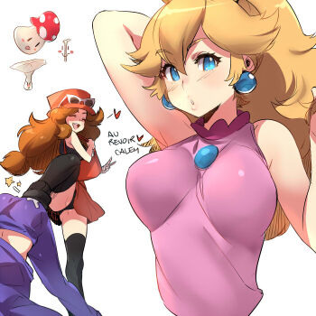 10s 1boy 2girls arm_up bag black_legwear black_panties black_shirt blonde_hair blouse blue_eyes blue_shirt blush blush_stickers breasts brooch brown_hair calem_(pokemon) closed_eyes collage crossover earrings eyewear_on_head false_smile french_text hair_between_eyes hair_up hat heart impossible_clothes impossible_shirt jewelry kicking large_breasts long_hair looking_at_viewer mario_(series) multiple_girls mushroom naso4 nintendo panties pantyshot pokemon pokemon_xy ponytail princess_peach puckered_lips satchel serena_(pokemon) shaded_face shirt simple_background sleeveless sleeveless_shirt smile sunglasses thighhighs underwear v white_background