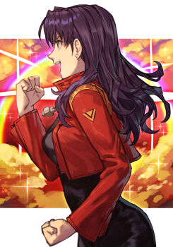 1girl black_dress border breasts clenched_hands cropped_jacket cross cross_necklace dress earrings hungry_clicker jacket jewelry katsuragi_misato long_hair long_sleeves medium_breasts necklace neon_genesis_evangelion open_mouth purple_hair red_eyes red_jacket smile solo upper_body white_border
