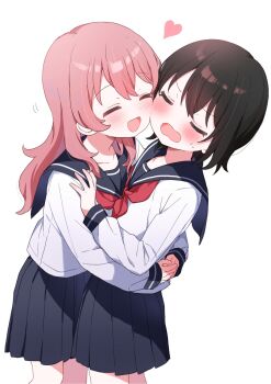 2girls black_hair black_sailor_collar black_skirt blush buchi_(y0u0ri_) closed_eyes commentary highres long_hair medium_hair multiple_girls neckerchief open_mouth original pink_hair pleated_skirt red_neckerchief sailor_collar school_uniform serafuku shirt simple_background skirt sweat symbol-only_commentary white_background white_shirt yuri