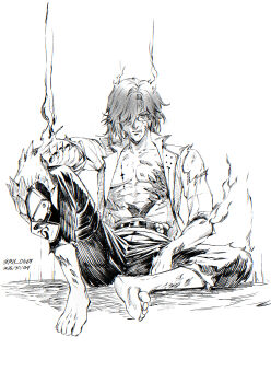 1boy abs barefoot burnt_clothes closed_mouth collarbone commentary dated english_commentary feet fire full_body glasses greyscale highres holding holding_lighter jacket lighter looking_at_viewer male_focus material_growth medium_hair monochrome mortefi_(wuthering_waves) open_clothes open_jacket pants rh_og69 sitting soles solo tacet_mark_(wuthering_waves) toes toned toned_male twitter_username wuthering_waves