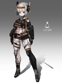 1girl absurdres armor arms_at_sides artist_name belt belt_pouch breasts commentary_request cyborg full_body gradient_background grey_background grey_hair headgear highres looking_at_viewer medium_breasts orange_eyes original pouch science_fiction shadow short_hair single_thighhigh solo soruto_0w98e standing thighhighs toned toned_female two-tone_background variant_set white_background