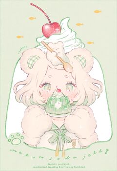 1girl animal animal_ears animal_hands animal_on_head artist_name bear_ears blush breast_pocket cheery cherry commentary_request eyelashes fish food fruit gelatin gloves green_background green_eyes holding holding_plate holding_spoon looking_at_food neck_ribbon on_head original paw_gloves plate pocket ribbon ryokuno_green shirt short_eyebrows short_hair short_sleeves sparkle spoon swept_bangs upper_body watermark whipped_cream white_hair white_shirt
