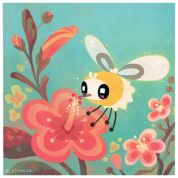 border commentary cutiefly flower full_body gen_7_pokemon insect_wings nintendo no_humans pikaole pink_flower pokemon pokemon_(creature) pokemon_focus pollen pollination solo white_border wings