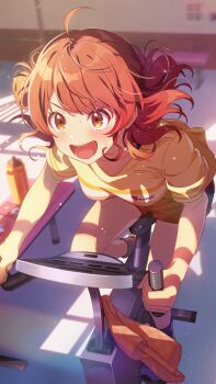 1girl absurdres ahoge bench bottle brown_hair exercise_machine gakuen_idolmaster game_cg hanami_ume highres idolmaster official_art open_mouth shadow short_shorts shorts sitting solo towel