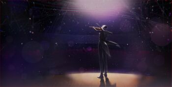 2boys absurdres black_coat black_hair blurry bokeh chromatic_aberration coat collared_shirt depth_of_field from_behind full_body highres holding holding_instrument holding_violin instrument kim_dokja lens_flare light_particles male_focus multiple_boys music omniscient_reader&#039;s_viewpoint playing_instrument roellm shirt short_hair spotlight stage standing theater variant_set very_wide_shot violin white_shirt wide_shot wooden_floor yoo_joonghyuk