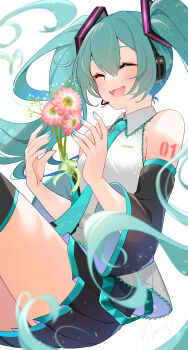 1girl absurdres aqua_hair aqua_nails aqua_necktie aqua_trim arm_tattoo black_skirt blush breasts closed_eyes collared_shirt detached_sleeves flower grey_shirt hair_between_eyes hair_ornament hatsune_miku highres long_hair long_sleeves mamo_(fortune-mm) medium_breasts miniskirt necktie number_tattoo open_mouth pink_flower pleated_skirt shirt simple_background skirt sleeveless sleeveless_shirt smile solo tattoo twintails very_long_hair vocaloid white_background wide_sleeves