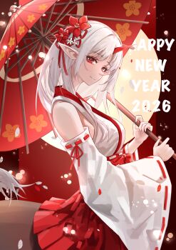 1girl 2026 absurdres bare_shoulders breasts centaur chinese_zodiac closed_mouth commentary_request cowboy_shot detached_sleeves flower hair_flower hair_ornament hakama hakama_skirt happy_new_year highres holding holding_umbrella horns horse_tail japanese_clothes kimono large_breasts long_hair looking_at_viewer monster_girl neko_no_kafei new_year oil-paper_umbrella original parted_bangs pointy_ears red_eyes red_skirt ribbon-trimmed_sleeves ribbon_trim sidelocks single_horn skirt sleeveless sleeveless_kimono smile solo standing tail taur umbrella white_hair white_kimono white_sleeves wide_sleeves year_of_the_horse