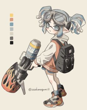 1girl artist_name backpack bag black_bag blue_eyes bright_pupils color_guide commentary_request dolphin_shorts dot_nose full_body goggles goggles_on_head highres holding holding_weapon hood hoodie inkling inkling_girl inkling_player_character looking_at_viewer nintendo open_mouth osakanagumi11 pointy_ears range_blaster_(splatoon) shoes shorts solo splatoon_(series) splatoon_3 standing star-shaped_pupils star_(symbol) symbol-shaped_pupils tentacle_hair thick_eyebrows twitter_username weapon white_background white_pupils