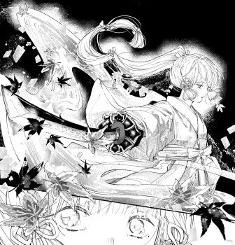 1girl ayaka_(genshin_impact) black_background dress genshin_impact hair_ornament hair_ribbon highres holding holding_sword holding_weapon japanese_clothes leaf long_hair long_sleeves maple_leaf mole mole_under_eye monochrome ponytail ribbon sidelocks solo sword tortillamatioka weapon