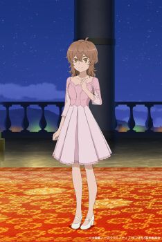 1girl absurdres artist_request bare_legs brown_hair commentary_request dress dungeon_ni_deai_wo_motomeru_no_wa_machigatteiru_darou_ka full_body high_heels highres liliruca_arde long_sleeves official_art pink_dress shoes short_hair uchida_maaya white_shoes yellow_eyes