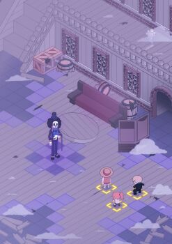 1girl 2025 3boys afro artist_name artist_self-insert ascot black_hair black_suit blue_ascot boat brook_(one_piece) cane commentary formal_clothes hat highres holding holding_cane isometric looking_at_another lv5plant monkey_d._luffy multiple_boys nami_(one_piece) nami_(one_piece)_(thriller_bark) on_boat one_piece orange_hair ponytail sanji_(one_piece) signature skeleton smoke straw_hat suit thriller_bark watercraft wooden_floor