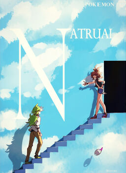 1boy 1girl absurdres baseball_cap black_vest brown_hair brown_pants c6h14o0918 commentary cutoffs denim denim_shorts door english_commentary exposed_pocket green_hair hat high_ponytail highres hilda_(pokemon) long_hair movie_reference n_(pokemon) nintendo open_clothes open_vest pants pokemon pokemon_bw ponytail shirt shorts stairs the_truman_show unworn_hat unworn_headwear vest white_shirt wristband