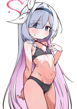 1girl black_bra black_panties blue_archive blue_eyes bow bow_bra bow_panties bra breasts cameltoe hair_bow halo heart heart_halo highres led_winter loli looking_at_viewer multicolored_hair navel panties pink_hair plana_(blue_archive) purple_bow red_halo small_breasts solo sweat underwear white_background white_bow white_hair