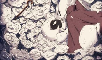 2girls black_skin cloak colored_skin empty_eyes face-to-face flower girl_on_top holding holding_weapon hollow_eyes hollow_knight hollow_knight:_silksong horned_mask hornet_(hollow_knight) horns lace_(hollow_knight) looking_at_another lying mask multiple_girls needle_(hollow_knight) on_back on_ground petals pin_(hollow_knight) red_cloak twitter_username watermark weapon white_flower white_mask white_petals wizartyesi