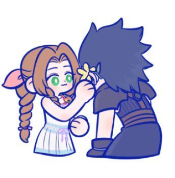 105zz 1boy 1girl aerith_gainsborough armor bare_shoulders black_hair blush braid braided_ponytail brown_hair closed_mouth commentary_request couple cowboy_shot crisis_core:_final_fantasy_vii dress drill_hair drill_sidelocks final_fantasy final_fantasy_vii flower green_eyes hair_flower hair_ornament hair_ribbon looking_at_another lowres parted_lips pink_ribbon ponytail ribbon shoulder_armor sidelocks sleeveless sleeveless_turtleneck smile spiked_hair sweater turtleneck turtleneck_sweater white_background white_dress yellow_flower zack_fair