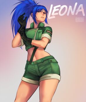 1girl adjusting_clothes adjusting_gloves astrubalart black_gloves blue_hair character_name collared_shirt commentary english_commentary gloves green_jacket green_shorts highres jacket leona_heidern midriff military_uniform navel ponytail shirt short_sleeves shorts soldier solo suspenders the_king_of_fighters the_king_of_fighters_xv
