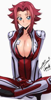 1girl absurdres artist_name blue_eyes breasts code_geass collarbone dated female_focus formal_clothes highres kouzuki_kallen large_breasts looking_at_viewer medium_hair parted_bangs red_hair red_suit shiny_skin simple_background sitting smile suit white_background yoo_tenchi