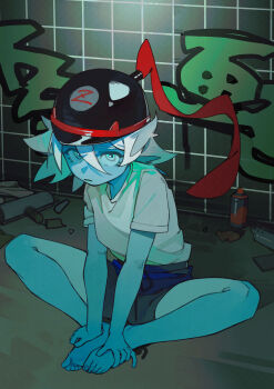 1girl absurdres barefoot blue_eyes blue_skin colored_skin commentary feet graffiti highres jiangshi linween original shorts solo spray_can toes