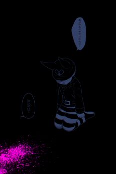 1boy beanie belt belt_buckle black_background blood blood_splatter blue_theme blush_stickers buckle collared_jacket commentary_request danganronpa_(series) danganronpa_v3:_killing_harmony dark dress_shoes fake_horns frown full_body hat hat_over_eyes horned_headwear horns hoshi_ryoma jacket kneeling lapels leather leather_jacket long_sleeves male_focus monochrome notched_lapels pants parted_lips pink_blood print_headwear r&#039;l_(arul-erur-plant-403) sad short_hair short_male simple_background sleeve_cuffs sleeves_past_wrists solo speech_bubble spot_color striped_clothes striped_pants translation_request
