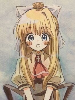 1girl :d air_(visual_novel) ascot black_skirt blonde_hair blue_background blue_eyes blush bow commentary eyelashes eyes_visible_through_hair grin hair_between_eyes hair_bow highres kamio_misuzu long_hair open_mouth painting_(medium) ponytail puffy_short_sleeves puffy_sleeves red_ascot school_uniform shirt short_sleeves sidelocks simple_background single_hair_intake skirt smile solo tareme traditional_media upper_body very_long_hair watercolor_(medium) white_bow yellow_shirt zeppachi