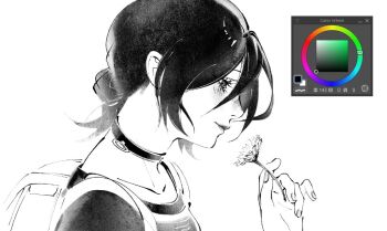 1girl art_program_in_frame backpack bag black_choker black_hair black_sleeves blush breasts chainsaw_man choker closed_mouth flower gerbera grenade_pin hair_between_eyes hair_bun holding holding_flower light_smile medium_breasts medium_hair print_shirt profile reze_(chainsaw_man) shirohakune shirt sketch solo updo upper_body white_background