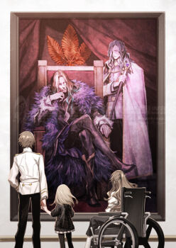 Rule 34 | 1boy, 2girls, aged down, beard, black pants, black pantyhose, blonde facial hair, blonde hair, brown hair, caules forvedge yggdmillennia, cloak, coat, command spell, commentary request, darnic prestone yggdmillennia, facial hair, fate/apocrypha, fate:lost einherjar, fate (series), fiore forvedge yggdmillennia, from behind, fur coat, gloves, goatee, grey hair, half updo, highres, holding, holding hands, holding staff, lemina eltfromm yggdmillennia, long hair, miwa shirow, multiple girls, mustache, pants, pantyhose, pleated skirt, portrait (object), sitting, sitting on throne, skirt, staff, standing, throne, vlad iii (fate/apocrypha), watermark, wavy hair, wheelchair, white cloak, white gloves, white skirt